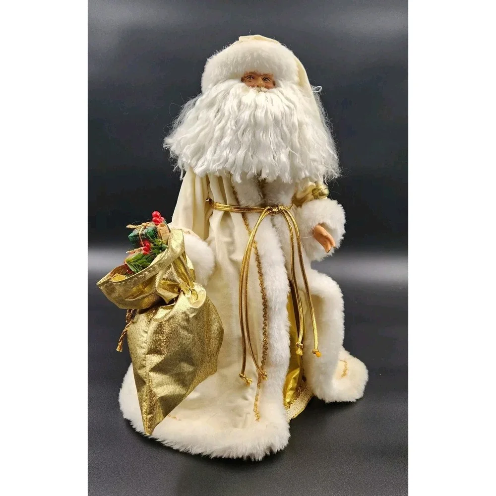 Santa Claus Christmas Tree Topper 16in Cream Gold Velvet Faux Fur Figurine